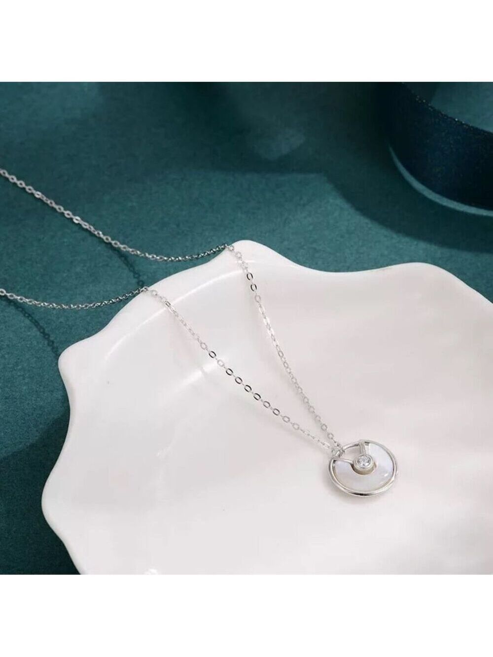 14kt Gold Plated over Sterling Silver White MOP Shell CZ Amulet Necklace - Picture 2 of 6